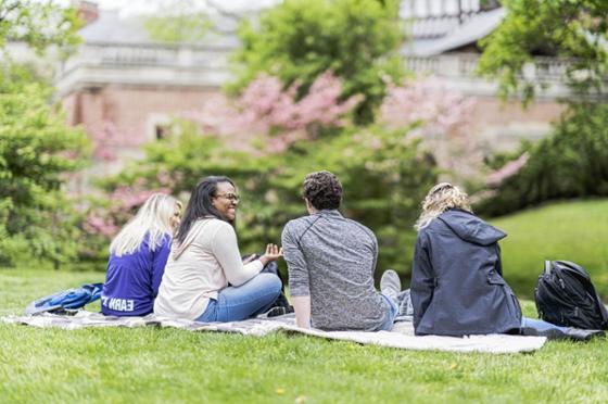 Photo of four Chatham University students sitting outside on a blanket, on Shadyside Campus
